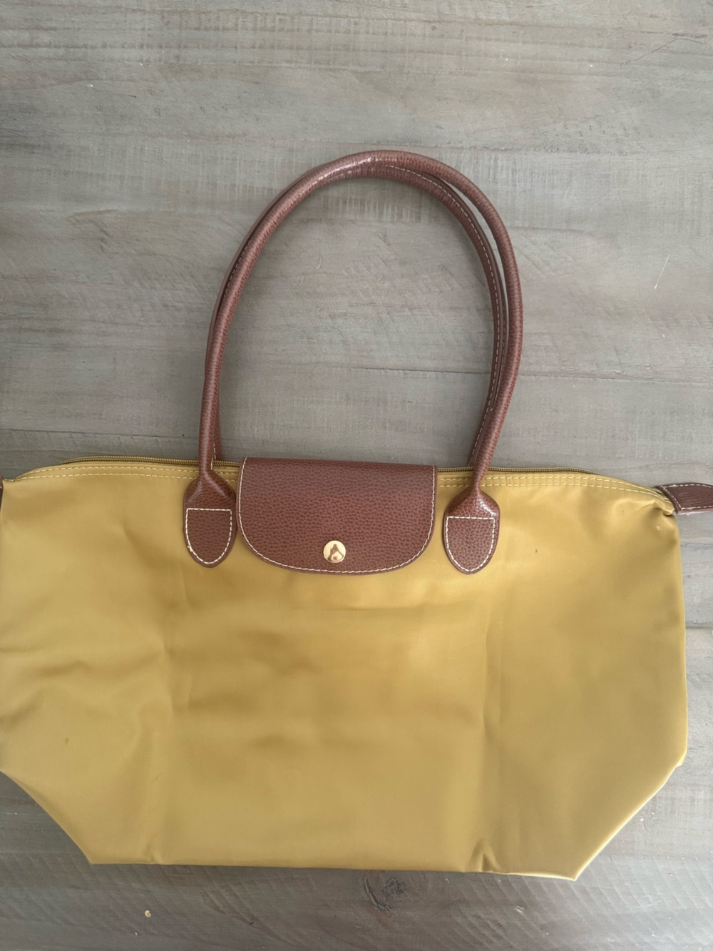 Mustard Yellow Nylon Foldable Tote Bag Brown Faux Leather Trim Shoulder Bag